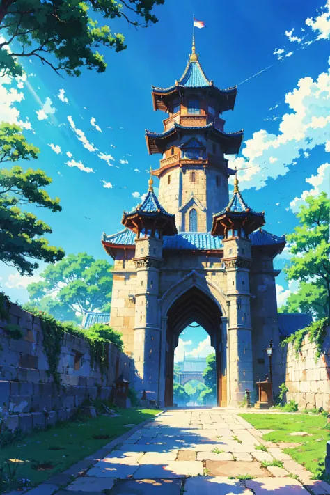 anime-style illustration, The image of very tall castle gate, bright blue sky, vibrant color.