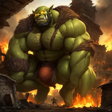 Orc, male, Strong build, (green skin: 1.1), chest hair, black beard, thick sharp teeth, large thick lower canine teeth, thick pointy ears, (glowing eyes: 1.2), giant sized, no pants, larger than village, crouching on a battlefield, stepping on building, ra...