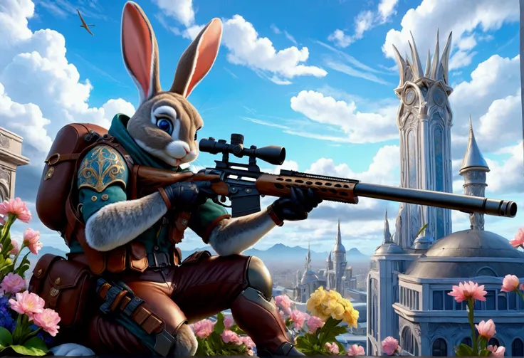 (Close-up of anthropomorphic bunny on roof and aiming with elite sniper rifle:1.3), (rifle has ornate handle:1.1), (stylish high-neck military jacket:1.1), (leather gloves:1.1), (pants with pockets:1.2), (iron helmet:1.2), (background is futuristic city wi...