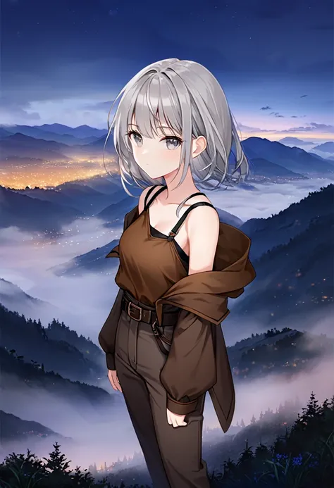 1 girl, small stature, long grey hair, grey eyes, hood, brown cloak, belt, short pants, katana holstered, katana on strap, katana, sheathed, shoulder strap, solo, closed mouth, calm face, evening, against the backdrop of high mountains with fog, top view, ...