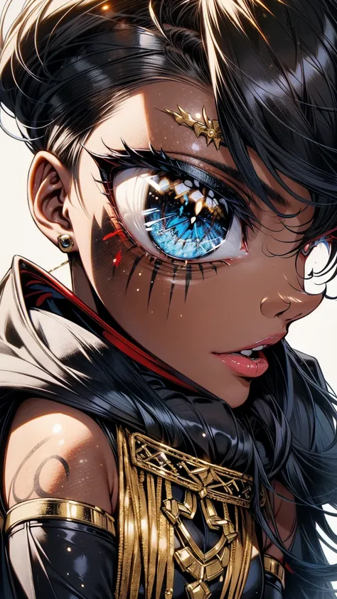 Generate a detailed image of a woman with short black hair highlighted with blue accents, having intense sky-blue eyes adorned with black makeup. Her lips are painted in a soft shade of red. She wears a semi-armor in black on her upper body, complemented b...