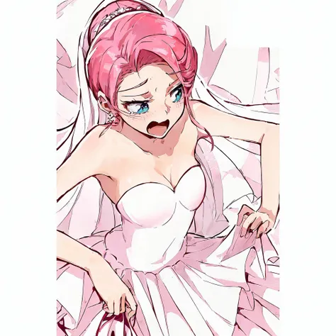 anime girl in a wedding dress with a pink hair and a veil, Anime princess,  in dress, Sakura Haruno in slug sage mode, sakura haruno, haruno sakura, evil princess, in an anime style, in anime style, betty cooper, official fanart, my dress up darling anime,...