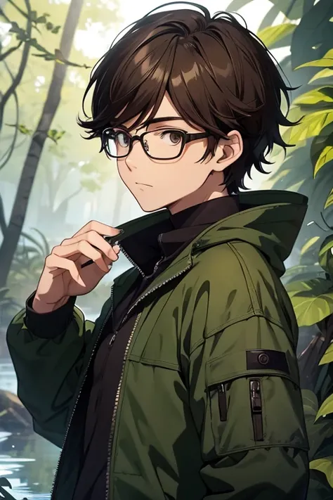 Anime boy with black frame glasses and brown hair, with forward bangs, Brown eyes. He wears a black shirt under a swamp green jacket with an open zipper