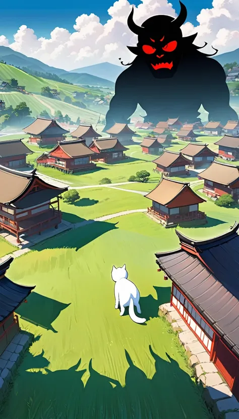 A tranquil village with traditional Japanese houses, lush green fields, and a clear blue sky. In the foreground, a white cat with blue eyes named Milk looks worried. In the background, a giant, menacing oni (Japanese demon) silhouette is approaching the vi...