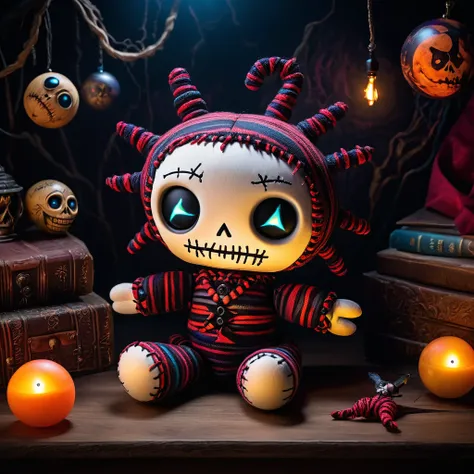 (knitted toy voodoo doll:1.5), (Voodoo Nightmare Eater:1.3), (Clothing: shadowy attire with nightmare-inducing patterns:1.0), (Accessories: enchanted nightmare orb emitting a dark glow, floating twisted dreams:1.1), (background: dark, surreal landscape wit...