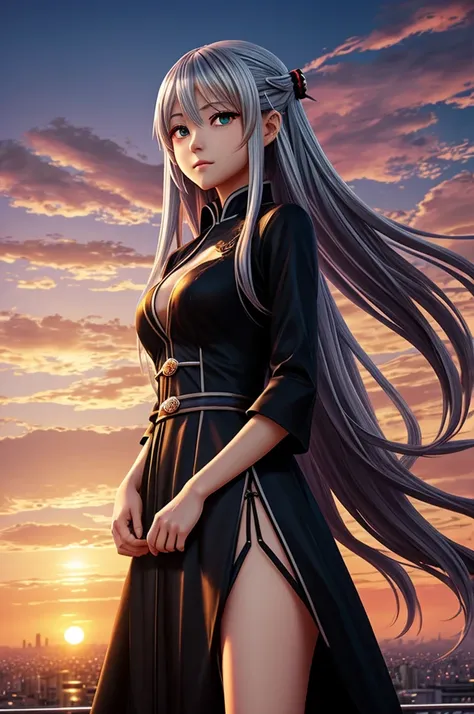 anime girl, long silver hair, she is dressed in a dark dress, Her eyes are green.has a chinese hairstyle. In the background is a city with a sunset. anime style boku no hero, from the BONES studio