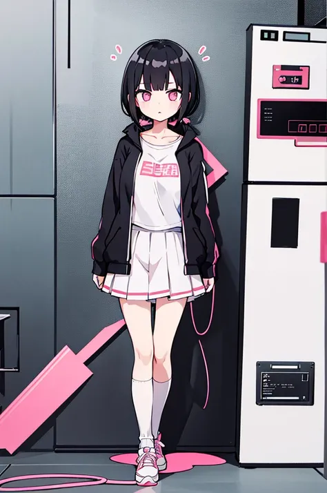 1girl, anime girl, , black hair, short hair, short twintail, pink eyes, casual  outfit, white outfit, short skirt, shoes, white sock, long sock, full body, blank background