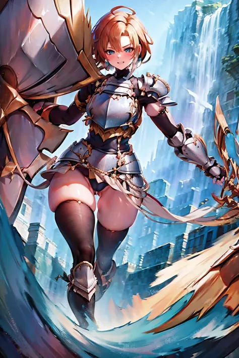 jewelry, bodysuit, fingerless gloves, knight, highleg, (((skin tight))), vambraces, arm guards,faulds,greaves, 1girl,solo,　gauntlets, armored boots, breastplate, pauldrons, shoulder armor, big armors, thighhighs, dare thighs, short hair, pink hair, blue ey...