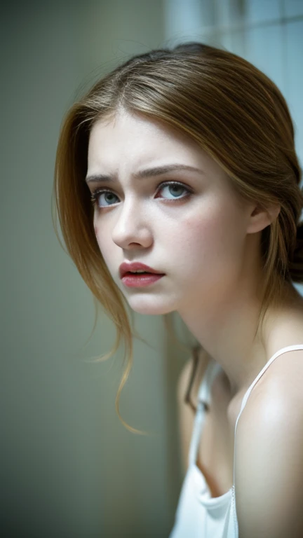 Gorgeous girl, white body, face like pain, feeling sick, depressed expression, super detailed.