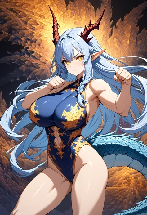 (beautiful and aesthetic:1.2), (1girl), extreme detailed,(fractal art:1.3), cute young girl, light blue hair, long hair, small braids hair, yellow eyes, elf ears, dragon tail, dragon thorn, muscular body, big breast, sexy blue outfit, fight pose