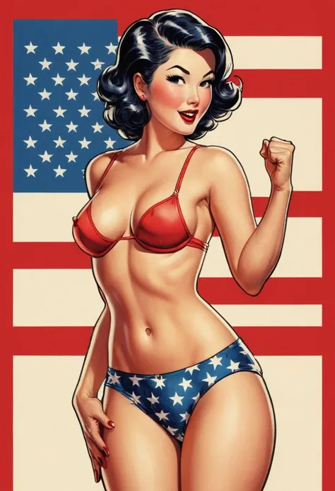 American comic illustration, a pin-up girl, (Japanese flag panties, topless nipples), raising fist