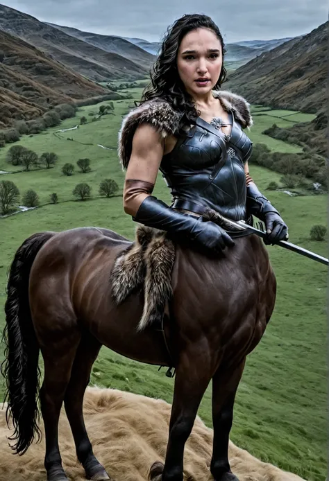 jon snow mounted on gal gadot centaur, beautiful work of art, best quality, 8k quality hd, countryside, hyper-realistic.