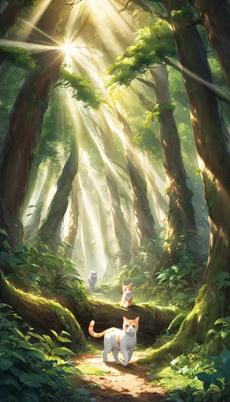 Milk, the white cat with blue eyes, and Taffy, the ginger tabby cat with golden eyes, are sneaking through a dense forest. The forest is filled with tall, ancient trees and thick underbrush. They look determined and cautious. The scene is filled with deep ...