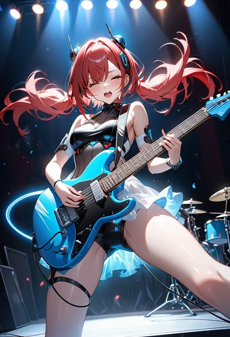 a beautiful female android with red twin-tail hair, a black translucent body, and a cold, doll-like expression, playing an electric guitar and singing into a microphone on a live stage filled with excitement, her body connected by red and white tubes that ...