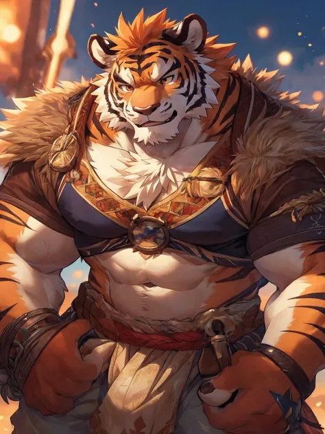 human nature, Wildlife, male,18 years old， solitary, ((round face, The face is plump,Orange eyes,thick orange hair，Scars)), ((endomorph, Handsome，passionate)), (sportswear，Broken clothes), ((domestic tiger, tiger，) Fluffy fur, Fluffy), Bokeh, (high quality...