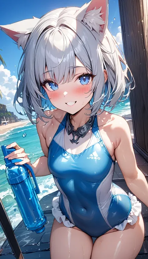 (((best quality)), ((masterpiece)), (details), masterpiece, best quality, high quality, ulutra detailed, perfect face, ((1girl, blue eyes, cat ears: 1.3 silver bob hair: 2.5,)) 、Shiny Hair、Glowing Skin、blush、Lustful look、coastal、Water Play、holding water pi...