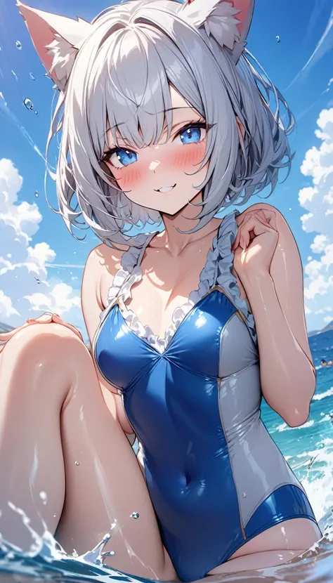 (((best quality)), ((masterpiece)), (details), masterpiece, best quality, high quality, ulutra detailed, perfect face, ((1girl, blue eyes, cat ears: 1.3 silver bob hair: 2.5,)) 、Shiny Hair、Glowing Skin、blush、Lustful look、coastal、Water Play、holding water pi...