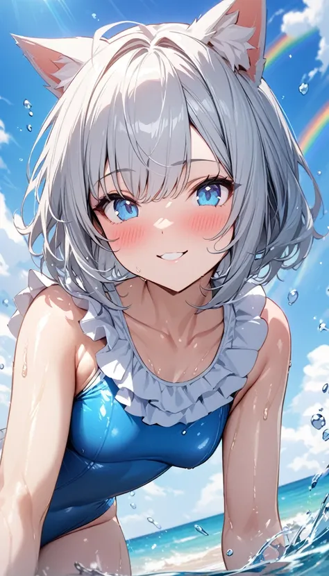 (((best quality)), ((masterpiece)), (details), masterpiece, best quality, high quality, ulutra detailed, perfect face, ((1girl, blue eyes, cat ears: 1.3 silver bob hair: 2.5,)) 、Shiny Hair、Glowing Skin、blush、Lustful look、coastal、Water Play、holding water pi...