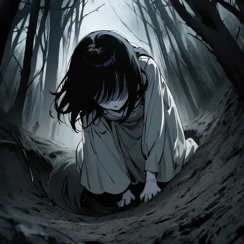 Top quality, masterpiece, horror style, woman, long black hair that covers her eyes, long white dress, pale skin, eerie forest, woman crawling out of a well, dark night,movie film style,