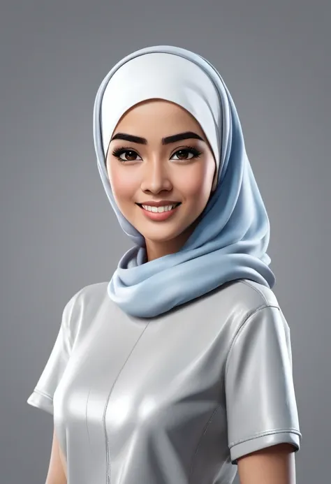 Create cartoonish caricature 3D animation with a big head. a 19 year old Indonesian woman. She wearing hijab. Her face is oval-shaped with smooth lines, thick and neat black eyebrows, normal eyes, a small pointed nose, and thin lips with a wide, friendly s...