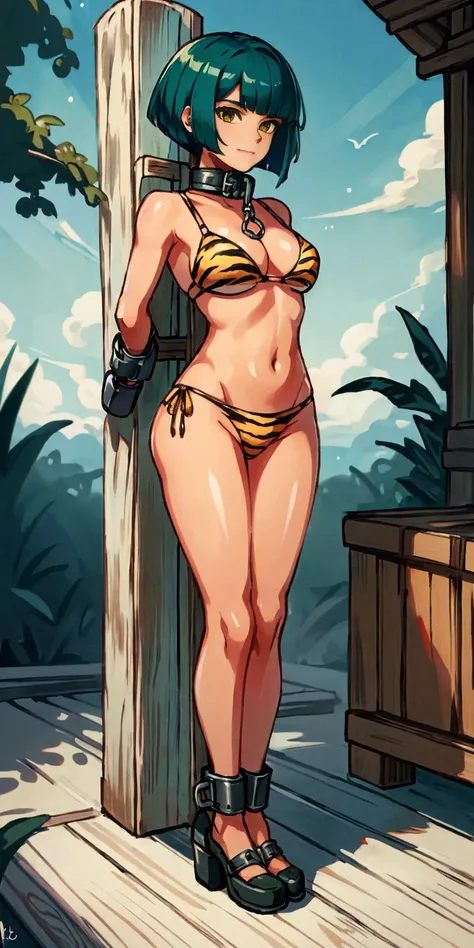 (Masterpiece, best quality, intricate details, 1sologirl) iron collar, arms behind back, iron cuffs, shackles, bound ((standing by wooden pole:1.2)) looking from above happy closed mouth, green short bob haircut, yellow tiger bikini