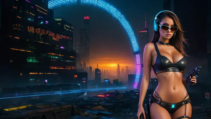 dark futuristic landscape, at night, neon lights, Atmospheric fog, large buildings in the background, futuristic city, streets with open shops, skyscraper (postapocalyptic city:1.3). (((1girl, solo, alone))), large-breast:1.2 slim body, cleavage:1.1, sexy ...