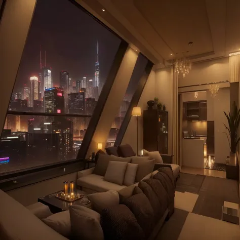 Panoramic view of the living room，Large windows overlooking the city, Relaxation time. Nice scenery, Luxurious environment, Comfortable place, Comfortable atmosphere, Luxury Apartment, bladerunner apartment, Cyberpunk bedroom at night, comfortable environm...