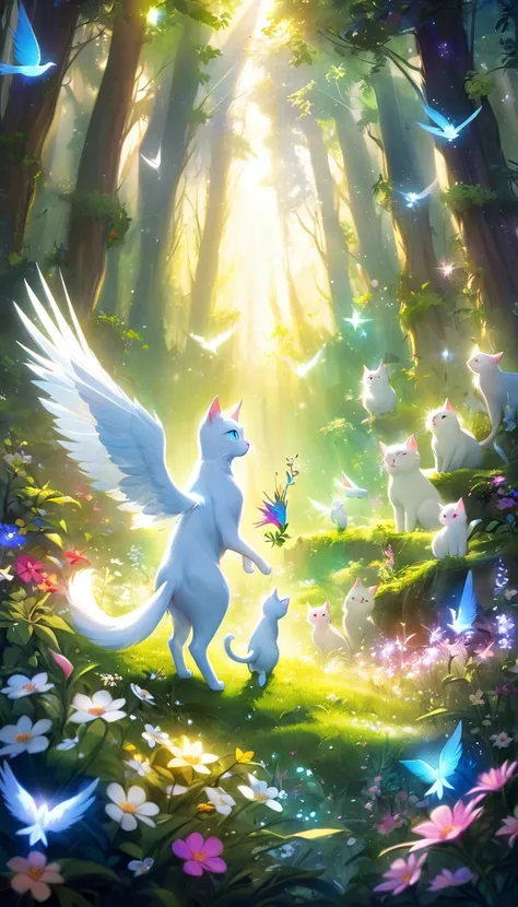 Milk, the white cat with blue eyes, meets a magical, glowing bird in a mystical forest clearing. The bird is radiant with vibrant colors and emits a soft light. The clearing is surrounded by lush greenery and sparkling flowers. The scene is enchanting and ...