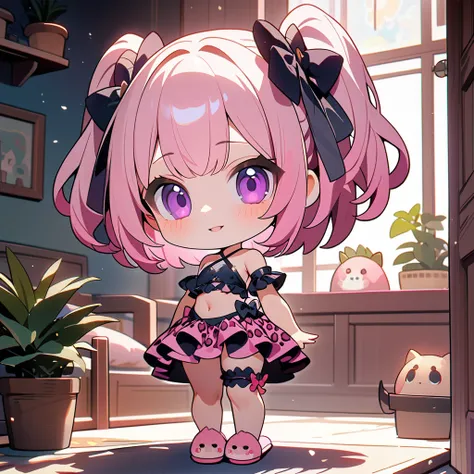 (8K, best quality, master piece: 1.2),super high resolution,1 cute girl,solo,(chibi:1.4),ultra-detailed face,deep detailed eyes,Purple eyes,Mascara,two side up,bubblegum pink hair,halter top,leopard pattern skirt,smile,Bridal garter,parted lips,standing,fu...