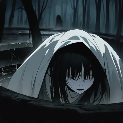 Top quality, masterpiece, horror style, woman, long black hair that covers her eyes, long white dress, pale skin, eerie forest, woman crawling out of a well, dark night,movie film style,Staring from inside the well