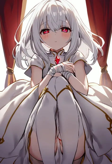 A girl with white hair reaching below her thighs, her bright and vivid ruby-colored faith eyes, her skin pale and soft, innocent and pure, She only wears a white short-sleeved dress that reaches to her knees and her legs and arms are covered by bandages. 