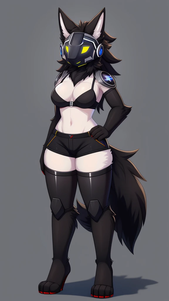 Furry wolf protogen female anthropomorphic mediumbreast size wearing a black bra and black shorts long wolf tail full body 