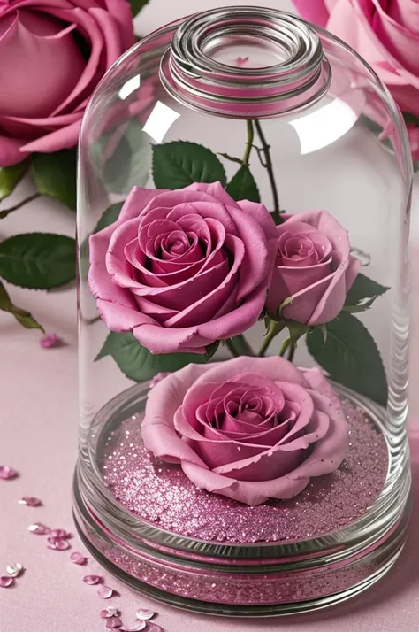 enchanted pink rose from Beauty and the beast story, covered under a glass jar, with the withering and glittering petals inside the jar