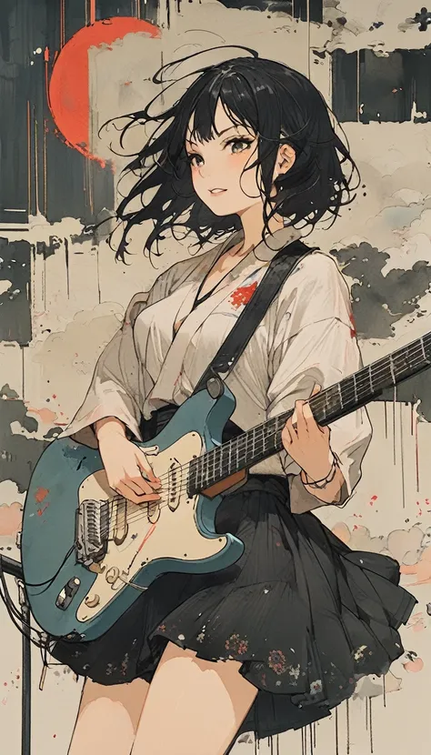 the style of kawanabe kyosai、black hair、hime cut、22 years old、woman、playing electric guitar