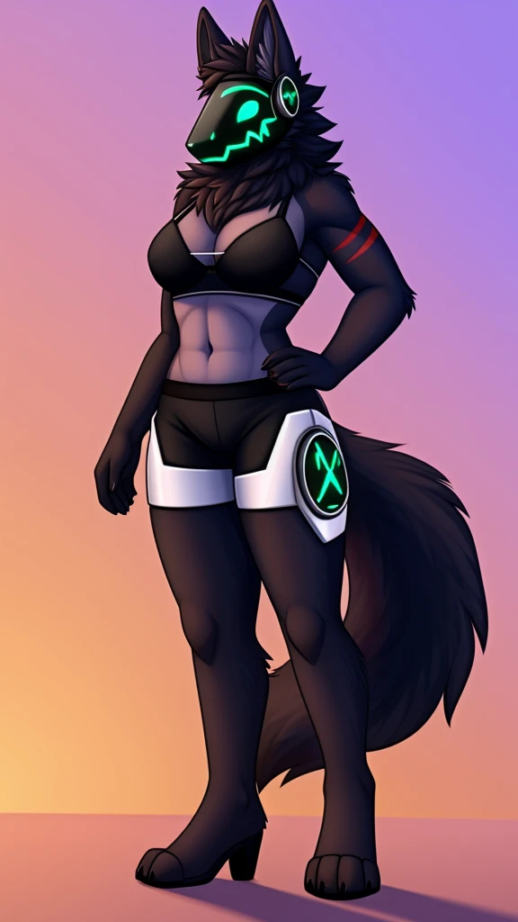 Furry wolf protogen female anthropomorphic mediumbreast size wearing a black bra and black shorts long wolf tail full body 