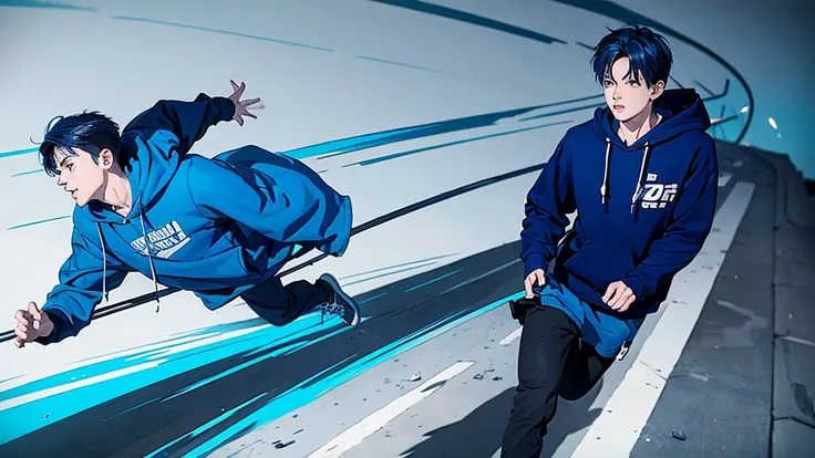 1 boy, blue hair, wearing a blue hoodie, running scared, high quality, 8k