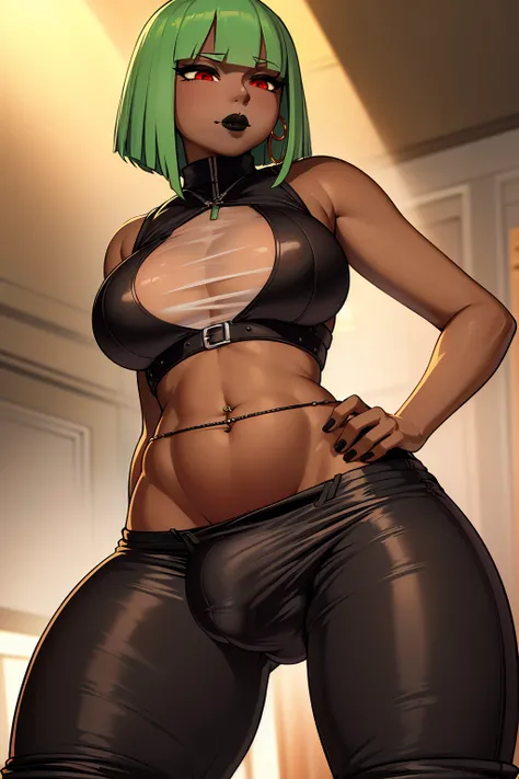 (solo:1.1),(masterpiece), (best quality:1.3), highly detailed, intricate, professional art, digital art, absurdres, confidant, emerald sustrai, futanari emerald sustrai wearing a white and green leotard with arm gloves and pants confidently in a club,(see ...