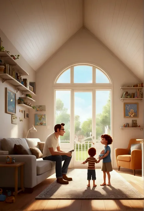 Pixar-style: Family, a white father, A mother and a baby boy and a . One is 8 years old and the other is 2 years old . A beautiful and technological house.