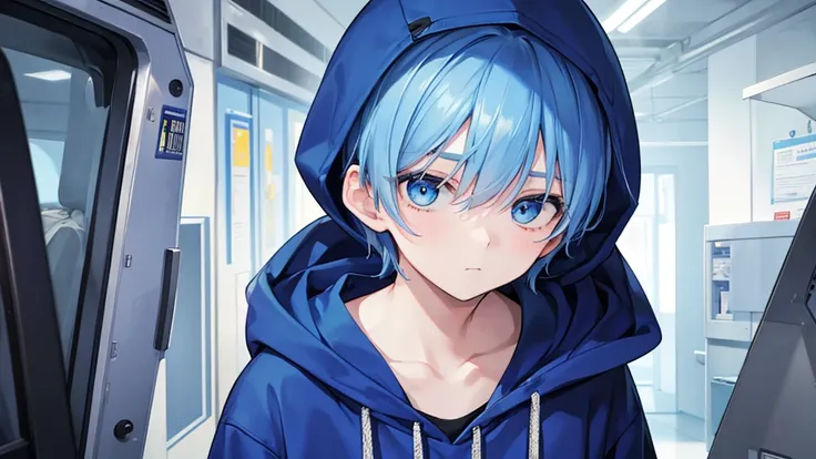 1 boy, blue hair, wearing a blue hoodie, scared, high quality, 8k