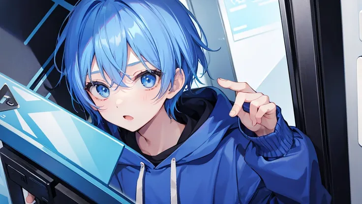 1 boy, blue hair, wearing a blue hoodie, scared, high quality, 8k