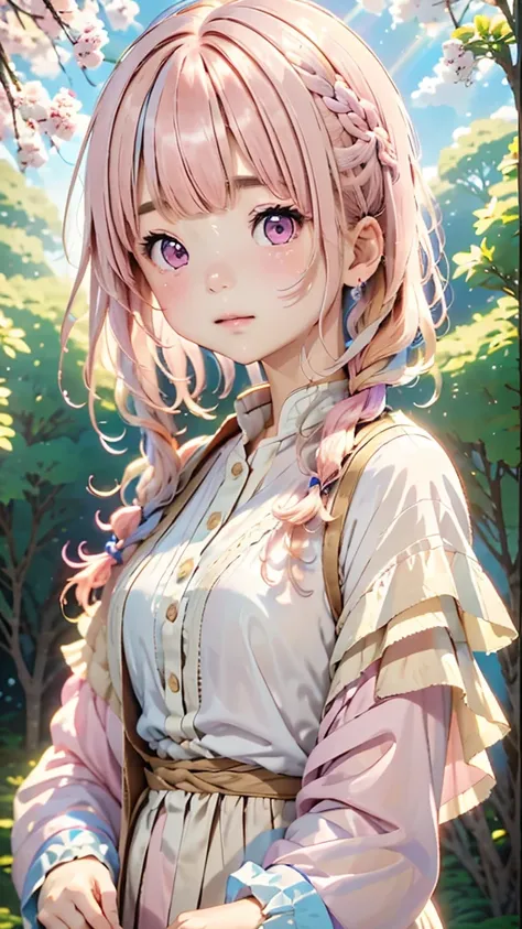 One Girl、１２talent、Magical girl、anatomy、French Braid、Anime Style、(((Pink Hair))),(((Bangs up to eyebrows))),(((Bangs without gaps))),(((Align your bangs))),(((Pink eyes))),Small breasts、Cute Face、Cute clothes、Combat Uniform、、(((The background is pastel colo...