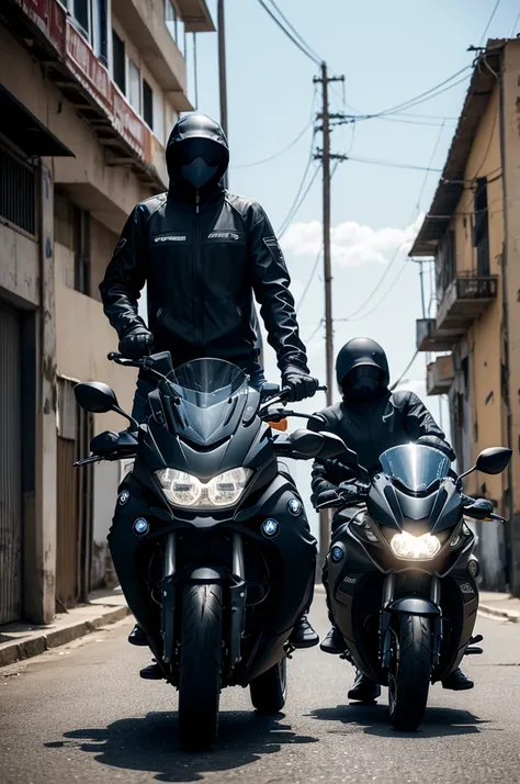 Two hooded men on a BMW 1200 motorcycle, with an ak47 gun in hand walking up a street towards the favela 