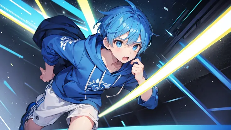 1 boy, blue hair, wearing a blue hoodie, running scared, high quality, 8k