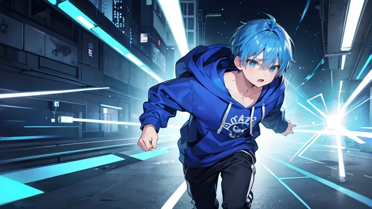 1 boy, blue hair, wearing a blue hoodie, running scared, high quality, 8k