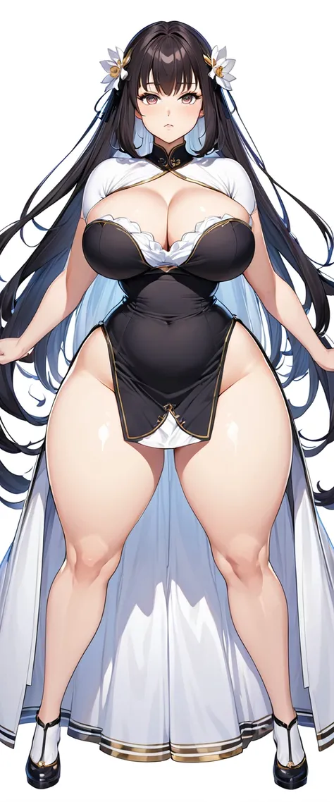 Create a very voluptuous anime-style woman looking straight ahead with her arms spread apart, showing her full body from head to toe and her arms not appearing cut off.