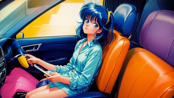 One Woman、sitting in the passenger seat of a car、８０Retro anime style of the 1980s、Vivid colors、Image of a woman from inside a car、Very cute woman、