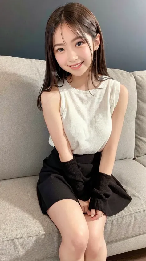 black knit mini skirt, sofa, living room, smile, Brown Hair, Shoulder-length hair, White wall background, Very white skin