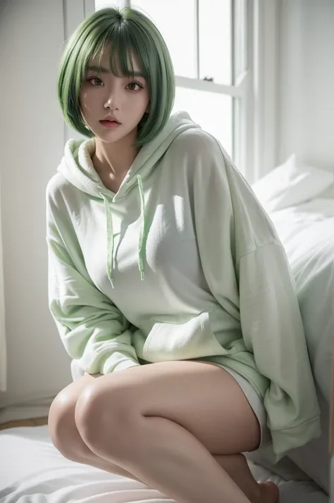 21yo girl, green hair, bob hair, bang hair, (wearing white oversize hoodie), natural medium breast, plump body,single sidelock hairpin blush, modern cinematic lighting, ray tracing, drop shadow wide shot UHD, textured skin, high details, best quality 4K, s...