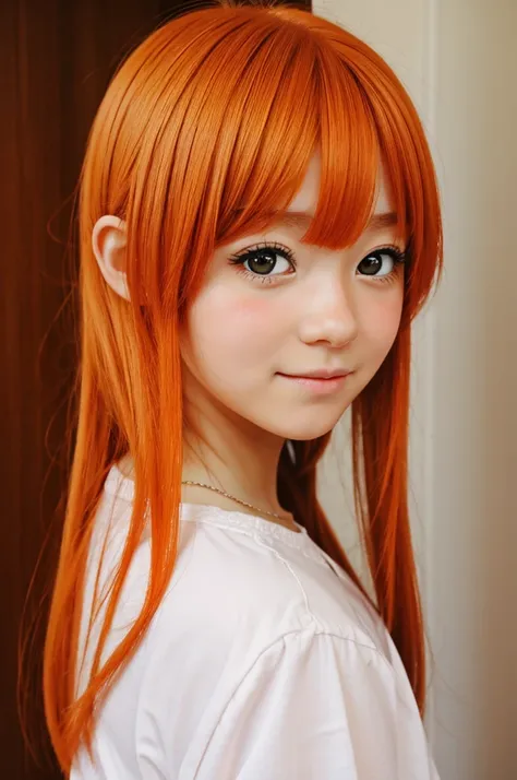 a young girl, with orange hair, a little blushing. anime style.