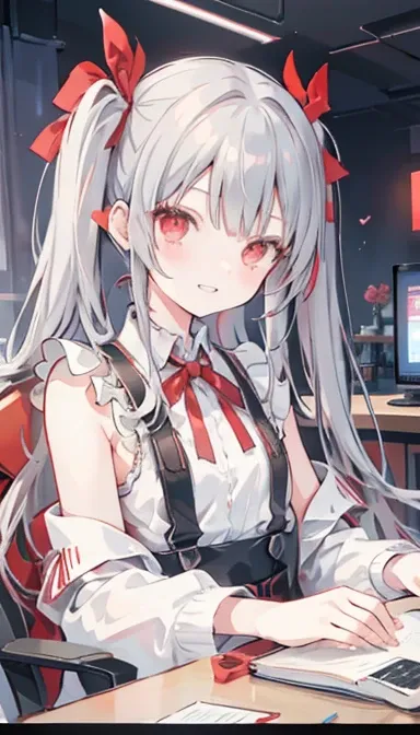 One girl, Red eyes, Twin tails, Grin, Small breasts, Gray Hair, Red ribbon, Parker Game Room